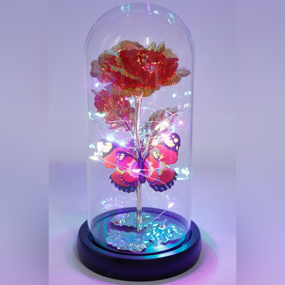 Butterfly Metallic Artificial Galaxy Rose Glass Dome LED Light Stand
